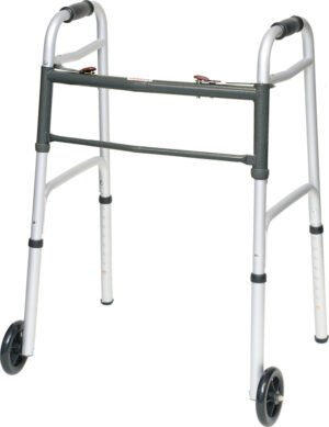 ProBasics Aluminum Two-Button Release Folding Walker With Wheels, 4/CS