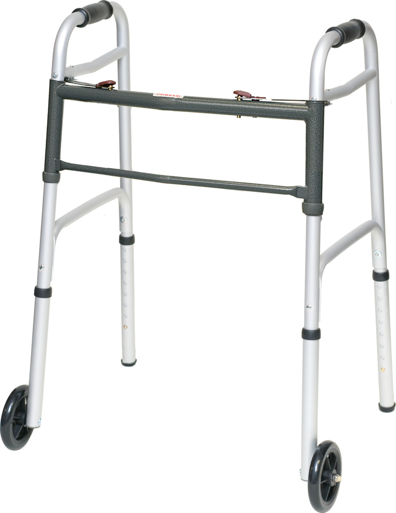 ProBasics Aluminum Two-Button Release Folding Walker With Wheels, 4/CS