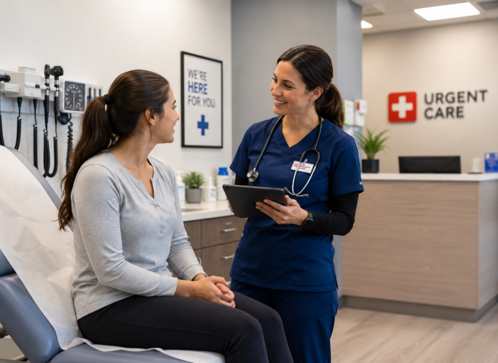 Urgent care provider speaking with a patient in a modern exam room in Tulsa, Oklahoma.