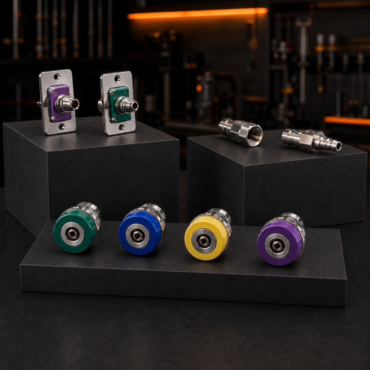 Color-coded medical gas fittings, outlet connectors, and hose adapters