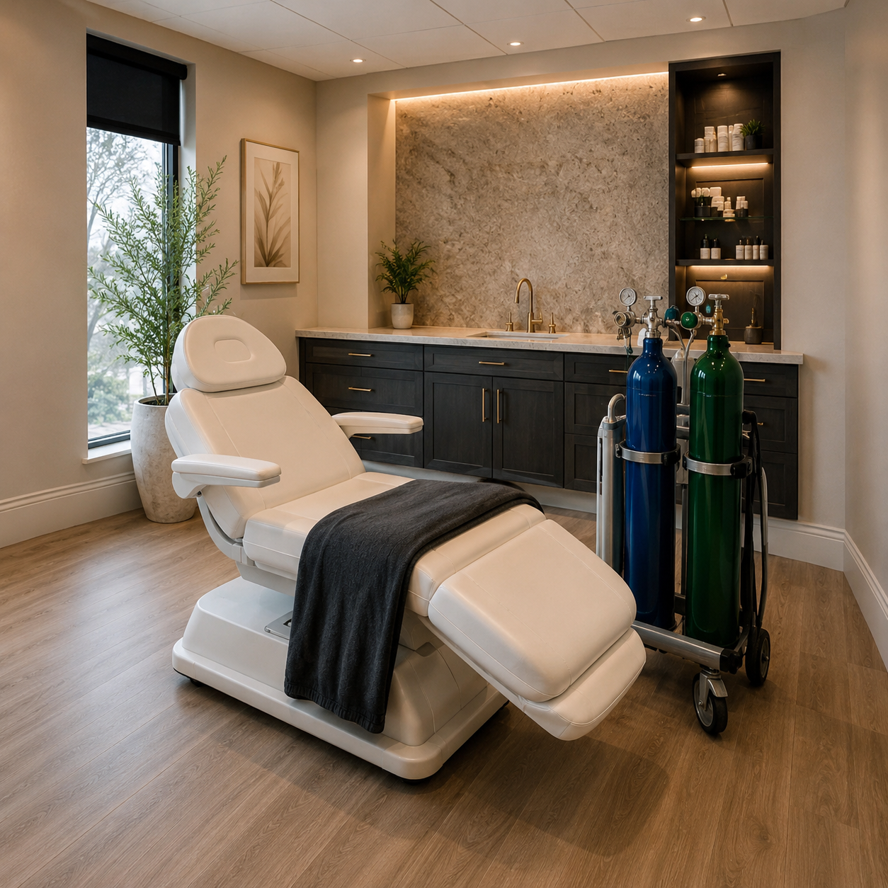 Med spa treatment room with procedure chair and medical gas cylinders