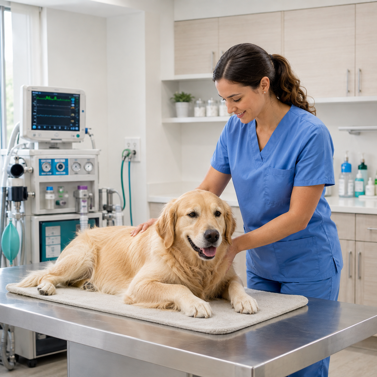 Veterinarian examining a dog beside veterinary anesthesia and oxygen equipment